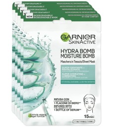Garnier Skin Active Hydra Bomb Sheet Mask, Super Moisturizing and Revitalizing Formula, For All Skin Types, With Hyaluronic Acid and Organic Aloe Vera, Pack of 5