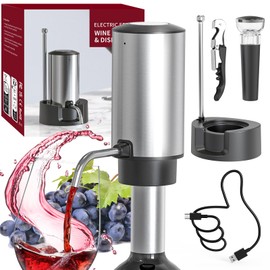CIRCLE JOY Electric Wine Aerator Pourer Rechargeable One-touch Wine Decanter with Storage Base, Corkscrew and Vacuum Wine Stopper, White Elephant Gifts for Wine Lovers, Silver