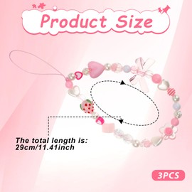 3PCS Phone Charms Strap, Cute Beaded Phone Charm, Aesthetic Cellphone Wrist Strap, Flower Phone Chain, Heart Beaded Strap Phone Lanyard(White and Pink)