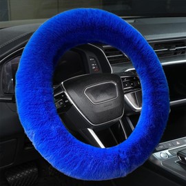 STEVE YIWU Fluffy Steering Wheel Cover for Women/Girls/Ladies Fuzzy Steering Wheel Cover Winter Warm Faux Wool Plush Car Wheel Cover Furry Steering Wheel Protector Universal Fit 15 Inch (Blue)
