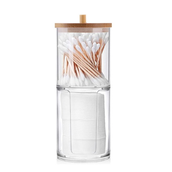 JanFeel Stackable Cotton Buds Holder with Bamboo Lid, Acrylic Cotton Pads Storage for Bathroom Bath Salt Storage Box