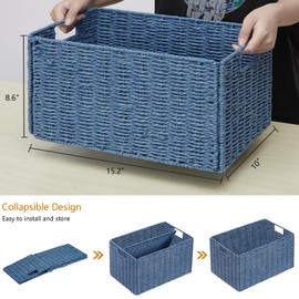 Vagusicc Wicker Storage Basket, Set of 2 Hand-Woven Paper Rope Wicker Basket, Small Storage Baskets for Organizing Toilet Paper Basket, Foldable Large Cube Storage Organizer Bins for Shelves (Blue)