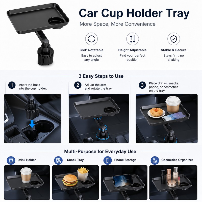 360° Rotating Car Cup Holder Tray for Storage – Universal