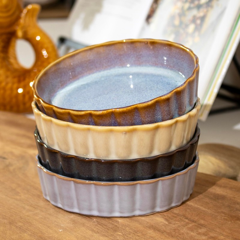 Set Of 4 Reactive Glaze Round Oven Dishes Ceramic Dark