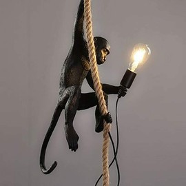 BJTDLLX Creative Monkey Chandelier, Loft Vintage Resin Hemp Rope Pendant Lights Industrial Retro Pendant Monkey Lamp Wall Light Hanging Ceiling Lamp E27 for Dining Living Room Bedroom Bar Cafe -Black