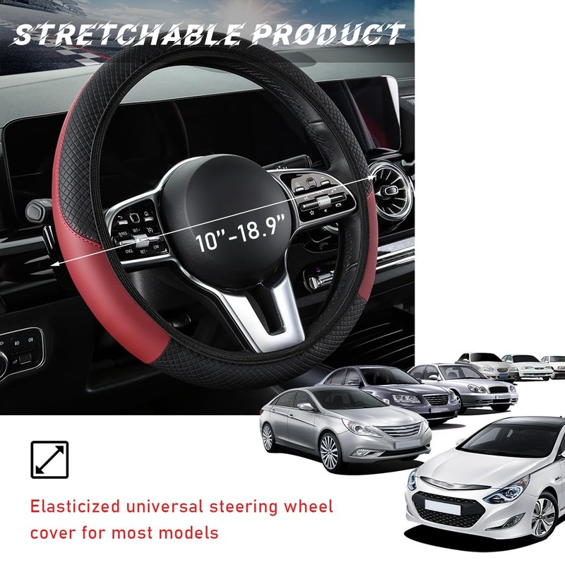 povtii Car Steering Wheel Cover, 15 Inch Leather Breathable Auto