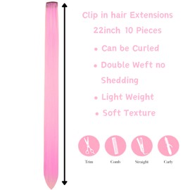 Clip in Hair Extensions Peach Pink Colored Clip in Hair Extensions Colorful Long Straight Synthetic Clip-in Hair Pieces for Women Girls Kids Festival New Year 22 inch