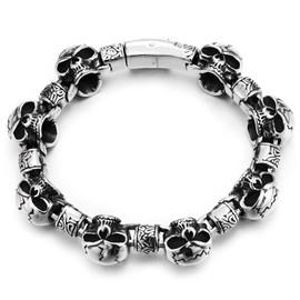 COOLSTEELANDBEYOND Men's Stainless Steel Skull Bracelet, Gothic Punk Biker Chain with Engraved Bead, Heavy Duty Rock, Stainless Steel, No gemstone