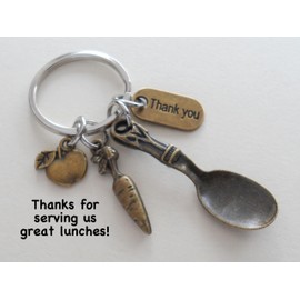Bronze Serving Spoon Charm Keychain with Carrot, Apple, and Thank You Charm, Food Server, School Lunch Serving Staff Appreciation Keychain