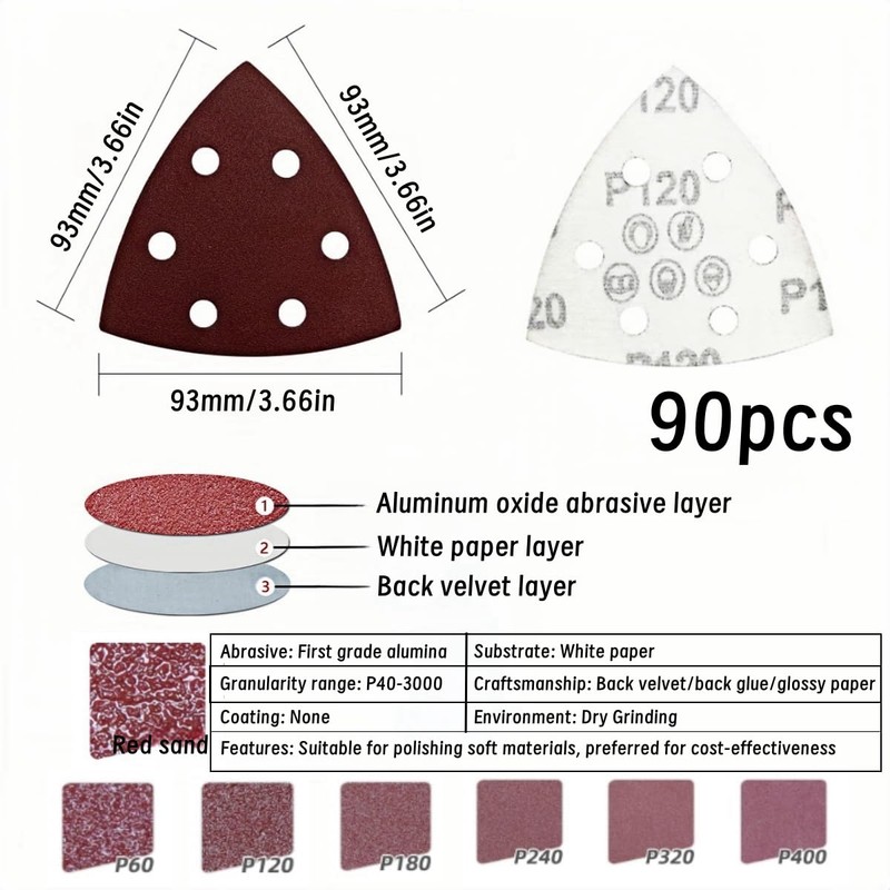 Triangle Grinding-Pads,Sanding Discs,90 Pieces Sanding Pads,93 * 93 * 93mm,andpaper