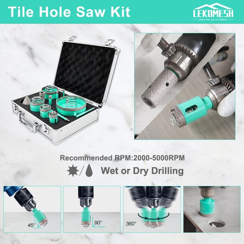 LEKOMESH Tile Hole Saw Kit - (6/8/10/25/35/50/65/100mm+20mm Finger Bit+50mm Chamfer