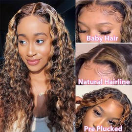 Weeybay Real Hair Wig for Women Wigs Curly Wave Human Hair Wig 4 x 4 Lace Closure Highlight Brown 150% Density Unprocessed Remy Hair Glueless for Women 22 Inches