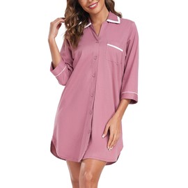 COLORFULLEAF 100% Cotton Nightgowns for Women 3/4 Sleeve Nightshirts Button Down Soft Sleepwear Pajamas Dress S-XXL (Dust Rose,M)