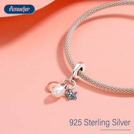 Amuefer 925 Sterling Silver Pearl Starfish & Shell Dangle Charm Ocean Series Pendant For Women's Bracelet Necklace