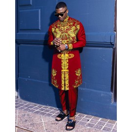 Mens African 2 Piece Set Zipper Nigerian Dashiki Metallic Shirt and Pants Outfit Gold Stamp Printed Long Traditional Suit