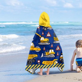 Engineering Vehicle Boys Beach Towel with Hoodie for Kids Toddlers Age 4-8,Car Blue Bath Towels Shower Wrap for Boys, Hooded Beach Blanket for Pool Swimming Cute Wearable Bath Towel for Child