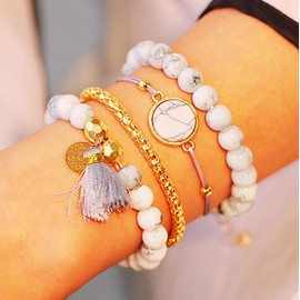 Edary Set of 4 Bracelets with Tassels - White Marble Bracelet with Heart - Adjustable Beaded Hand Chain for Women and Girls