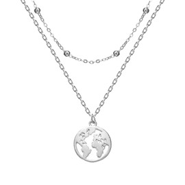 ayered World Map Necklace Globetrotter Necklace for Women Dainty Layered Beaded Necklace (Silver)