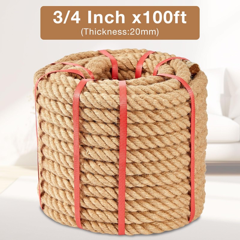 Kweetle Jute Rope 3/4 Inch x 100 FT, Hemp Rope