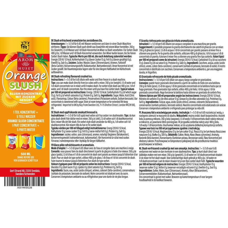 Orange Slush Concentrate 500 ml, Mixing Ratio 1:5 | Slush