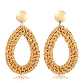 ARATLENCH Rattan Woven Dangling Earrings Handmade Straw Dangle Drop Earrings Boho Summer Beach Statement Circle Ball Hoop Earrings for Women (Metal Teardrop)
