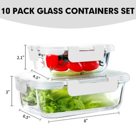VERONES 10Pack Glass Meal Prep Containers, Airtight Glass Lunch Containers,Stackable Food Storage Containers Set with Lids,Exclusive of BPA, for Microwave,Oven, Freezer&Dishwasher Friendly,White