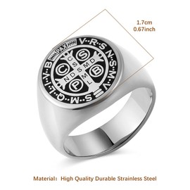 HZMAN Men St Benedict Exorcism Ring Stainless Steel Catholic Roman Cross Demon Protection Ghost Hunter Ring (Silver, 13)