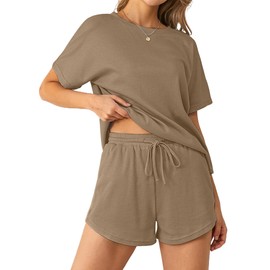 NORACORA Womens Two Piece Loungewear Lounge Set Matching Pjs Pajamas Sweat Short Pajama Sets Travel Outfits Dark Khaki