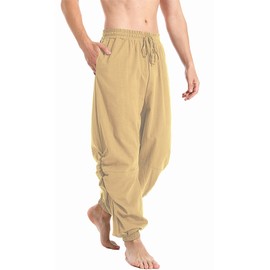perdontoo Mens Casual Cotton Linen Pant Elastic Waist Drawstring Yoga Jogger Pants (XX-Large, Khaki)