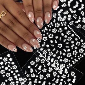 IDDFEVE 30 Sheets White Flower Nail Art Stickers - Floral Imitation Rhinestones Designs Self-Adhesive Nail Decals for DIY Spring Summer Manicure
