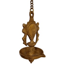 Purpledip Brass Hanging Diya Nila Vilakku Shankh Oil Lamp with 5 Wicks: Gada Padma Padmanabha Swami Vishnu Symbol (12279)