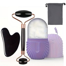 Rodillo de hielo y gua sha facial, kit de masaje para rostro, herramientas de masaje manual reutilizables, exquisita caja de regalo，adecuado para el cuidado de la piel facial (purple)