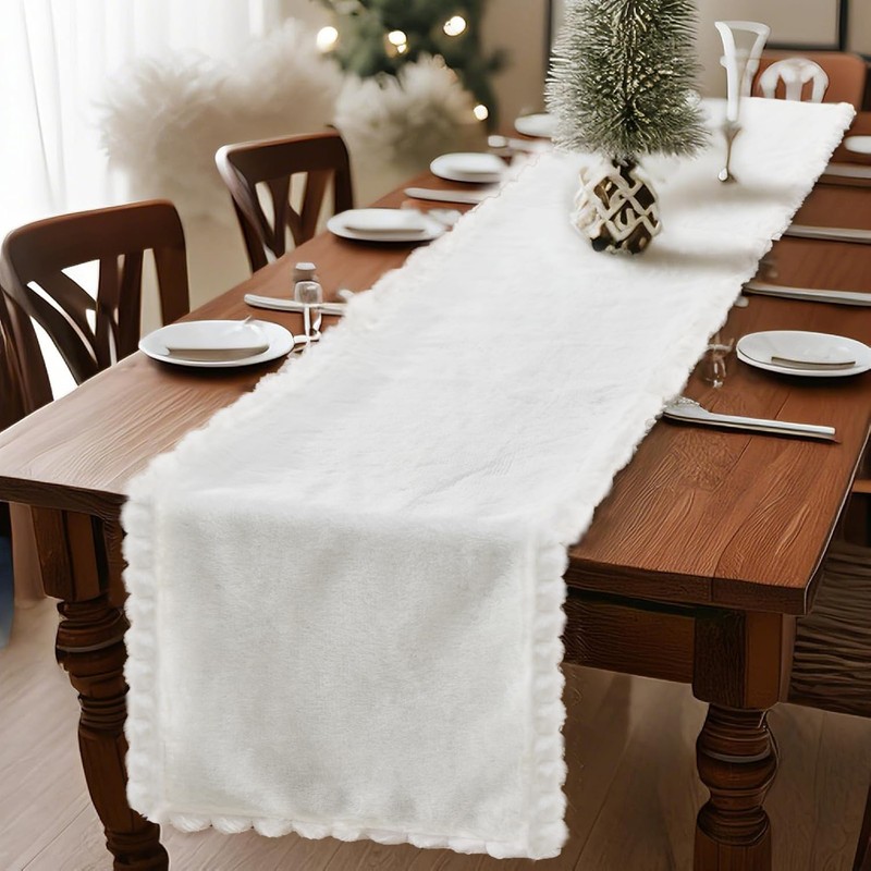 Baccessor White Faux Fur Table Runner, Thanksgiving Christmas Winter Fluffy
