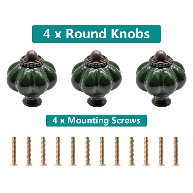 Seimneire 4pcs Dark Green Pumpkin Knobs, Vintage Ceramic Cabinet Knobs,