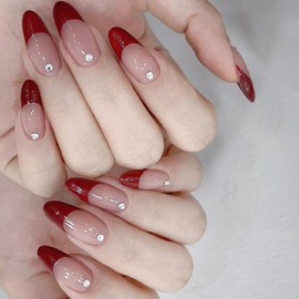 CUZIAM Cherry Red French Tip Press on Nails Valentines, Medium Almond Soft Gel Dark Red French Tips Rhinestone Full Cover Stick on Nails for Women, 24Pcs Glossy Reusable False Fake Nails Kit with Glue