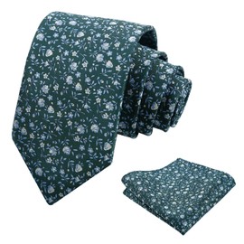Alizeal Mens 3.15inches Spring Exquisite Flower Tie with Small Floral Printed Pocket Square, Green+Blue+White
