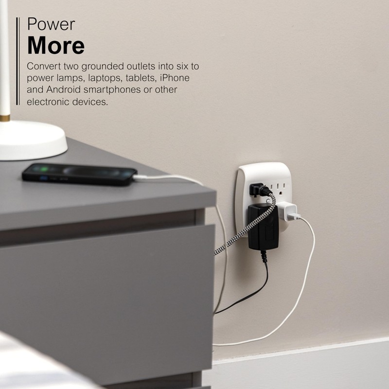 GE 6-Outlet Extender Wall Tap, Grounded Adapter, Outlet Splitter, Charging