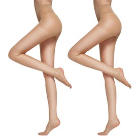 DRESHOW 2 Pairs Women's Sheer High Waist Tights 20D Pantyhose with Control Top and Reinforced Toes