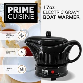Prime Cuisine 17oz Electric Gravy Boat Warmer, Ceramic Gravy Boat with Detachable Cord and Lid