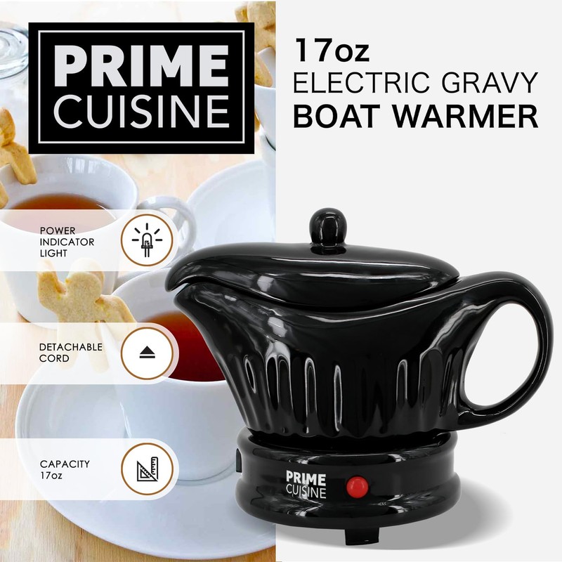 Prime Cuisine 17oz Electric Gravy Boat Warmer, Ceramic Gravy Boat