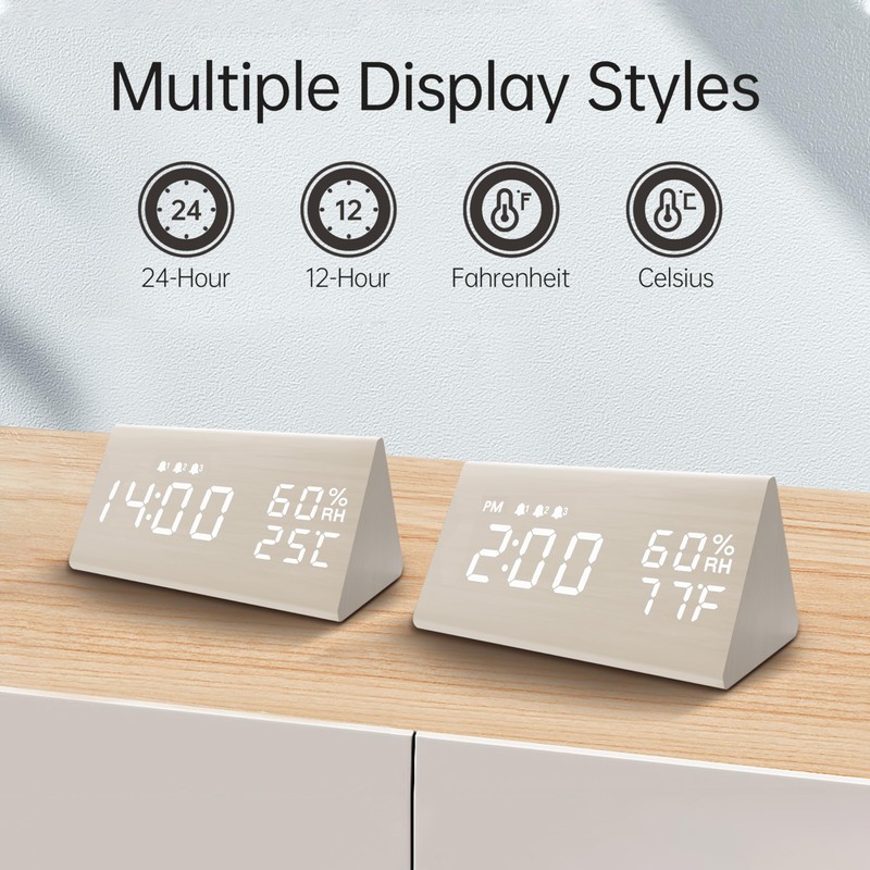 Digital Alarm Clock, with Wooden Electronic LED Time Display, 3
