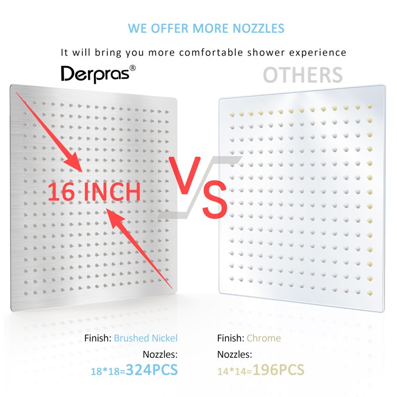 Derpras 16 Inch Square Rain Shower Head, 304 Stainless Steel,