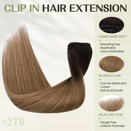 S-noilite 20 Inch Clip in Shadow Roots Hair Extensions 100% Human Hair 8Pcs Normal Weft Full Head Clip in Hair Extensions for Women Dark Brown Hair with Light Brown Roots Hair Extension(70g,#2T6)