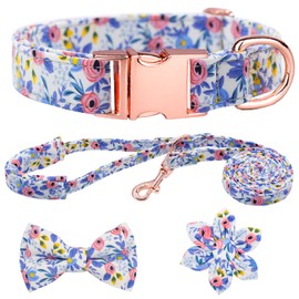 HSIGIO Dog Collar and Leash Set Girls Adjustable Puppy Collars with Floral Bow Tie for Small Medium Large Female Dogs, Blue Flower, XS