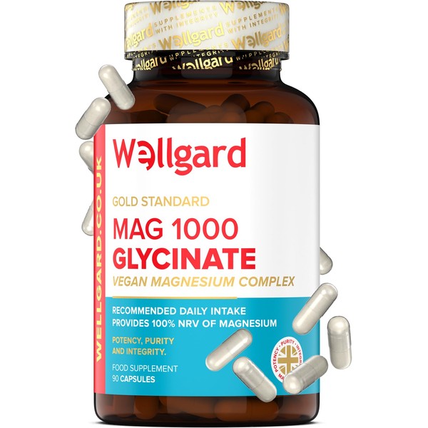 Wellgard Magnesium Glycinate, Mag 1000, 100% NRV, Optimal Strength Magnesium Bisglycinate, Made in UK