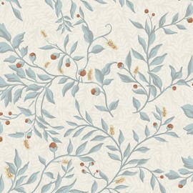 Guvana Blue/Beige/Red Leaf Peel and Stick Wallpaper, Vinyl/PVC, 16.14x197 inches, Botanical, Self-Adhesive, 22.08 sq.ft. per roll, Floral Leaf