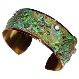 Elaine Coyne Collectible Artwear Verdigris Patina Solid Brass New Sea Turtle Cuff - Semi Precious Stones