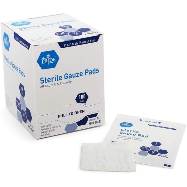 Medpride 3’’ x 3’’ Sterile Gauze Pads for Wound Dressing| 100-Pack, Individually Packed Pouches| 12-Ply Cotton & Highly Absorbent| Gauze Sponge-Pads for Wound Care & Home First Aid Kits