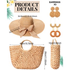 Loetere 5 Pcs Women Large Straw Beach Bag 5.5 Inch Big Bowknot Straw Beach Hat with Rattan Earrings Set Summer Handwoven Tote Bag Wide Brim Floppy Sun Hat Foldable for Summer Vacation Travel