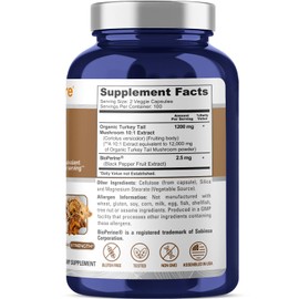 NusaPure Turkey Tail Mushroom Capsules, 10:1 Extract, 1200 mg Equivalent to 12,000mg, 200 Vcaps, Non-GMO, Gluten Free, Bioperine